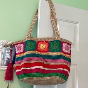 The Sak bright knit woven pink green blue yellow granny square bag purse boho